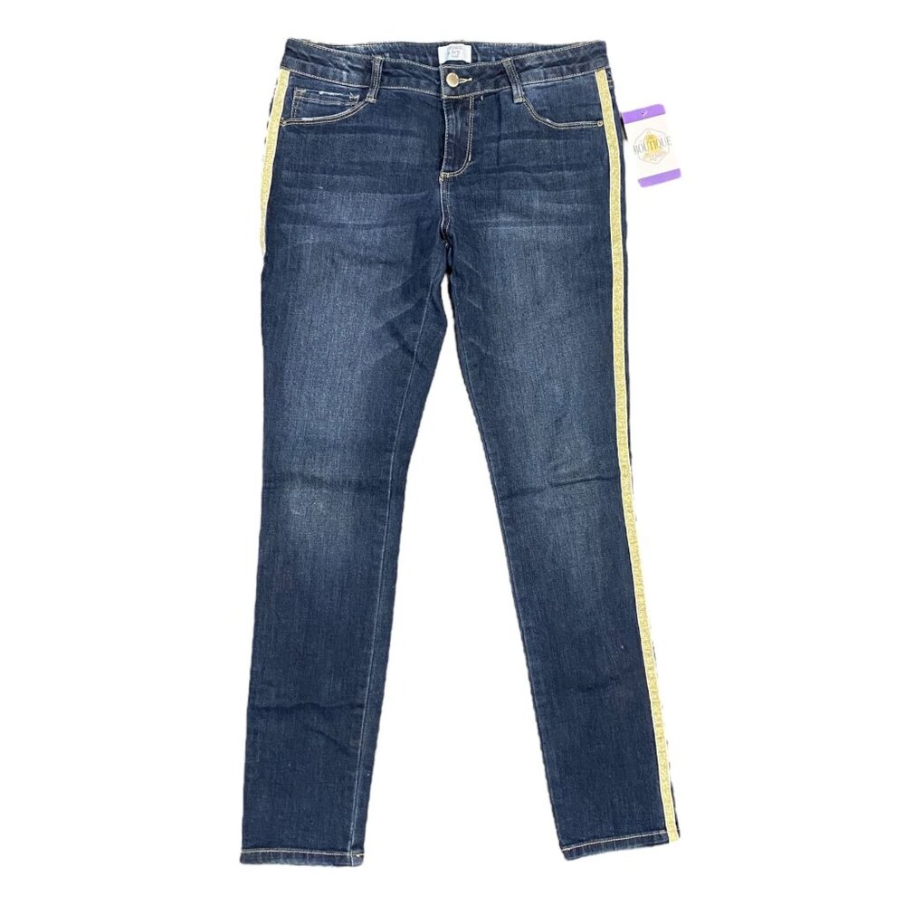 Crown Ivy Girls 16 Dark Wash Jeans Gold Side Stripe Stretch Adjustable Waist
